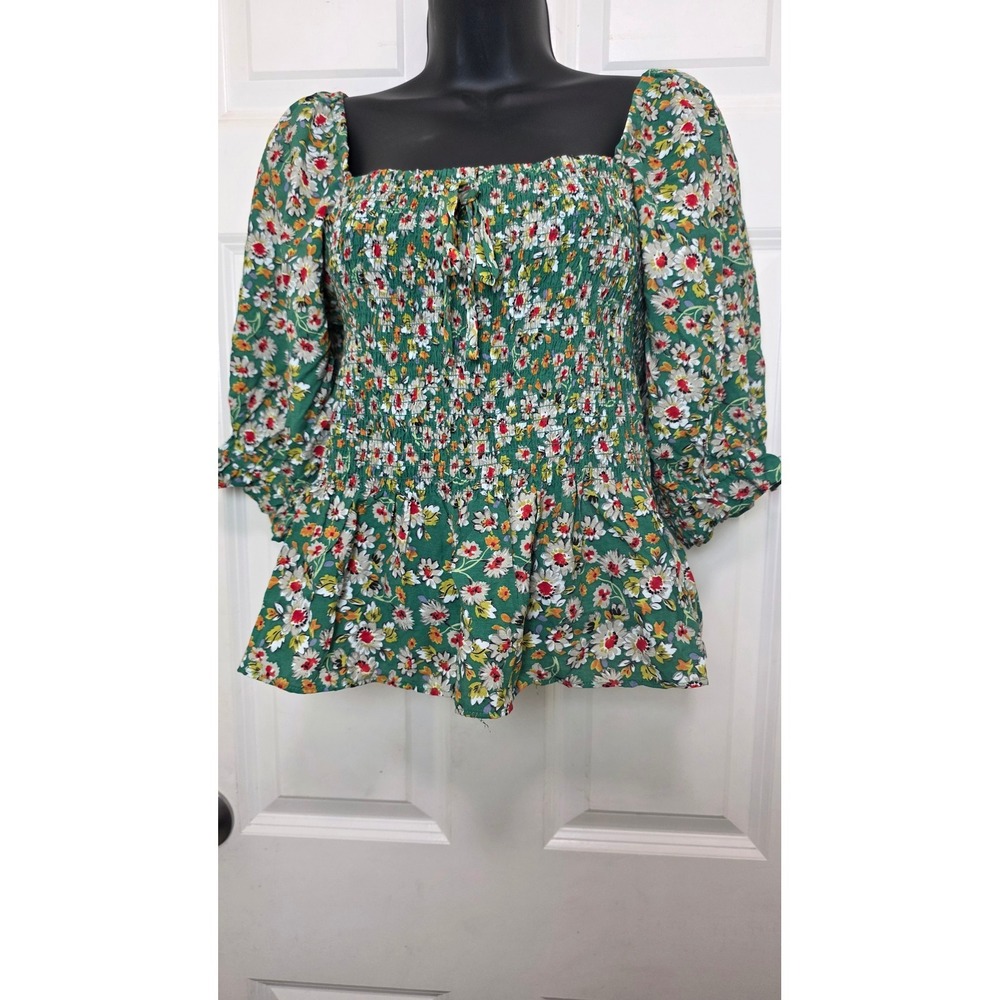 Indigo Rising Smocked Floral Top Women's XL Green Puff Sleeve Peplum Festival
